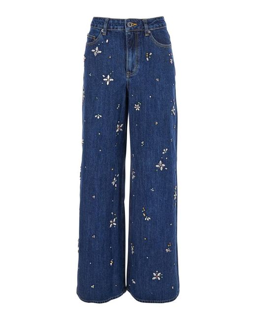 Self-Portrait Blue Jeans With Crystal Embellishments And Wide Leg