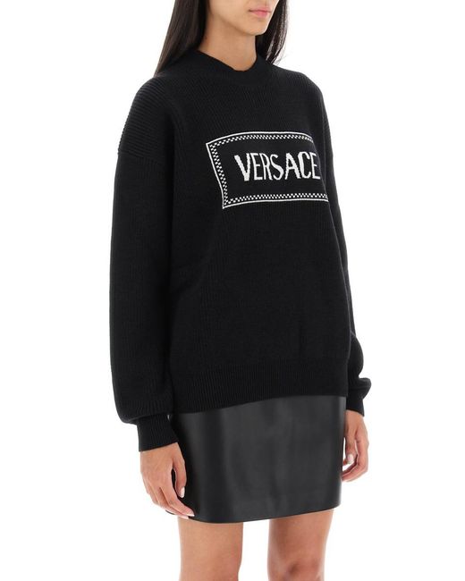 Versace Black Crew-neck Sweater With Logo Inlay