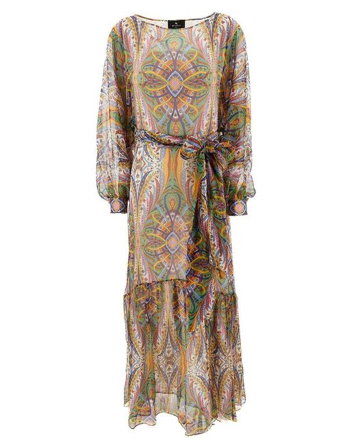 Etro Natural Maxi Dress With All-Over Print And Belt