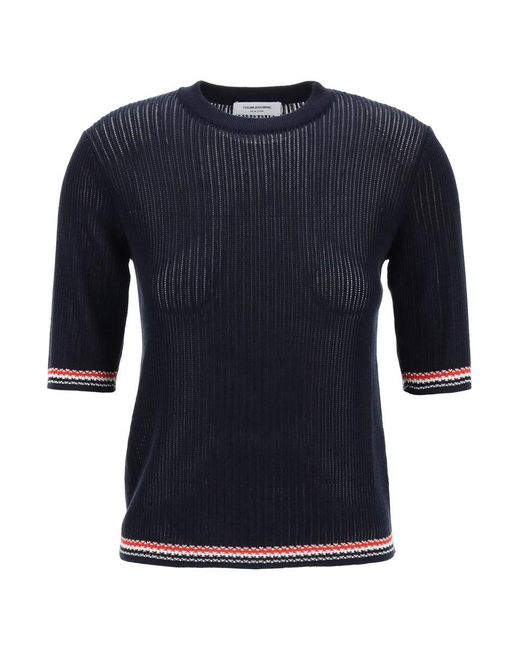 Thom Browne Blue Pointelle-knit T-shirt