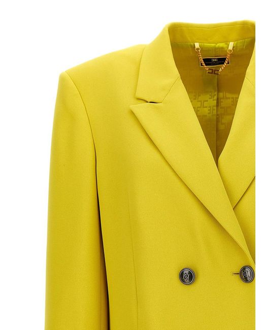 Elisabetta Franchi Yellow Logo Button Double-Breasted Blazer