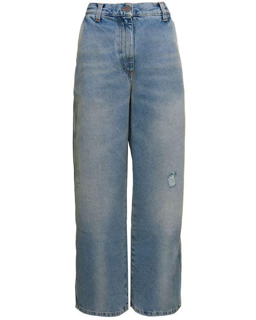 Palm Angels Blue 'paris' Ripped Jeans With Wide Leg In Cotton Denim Woman