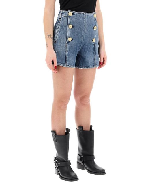 Balmain Blue "Striped Denim Shorts With Embossed Buttons