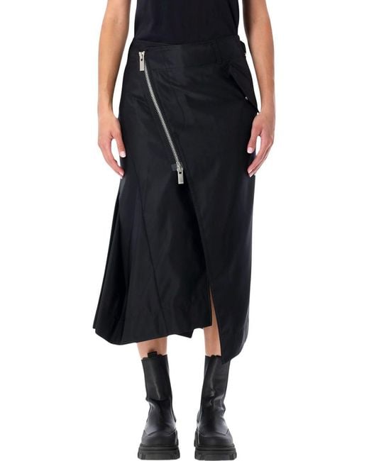 Sacai Black Nylon Twill Midi Skirt With Diagonal Zip