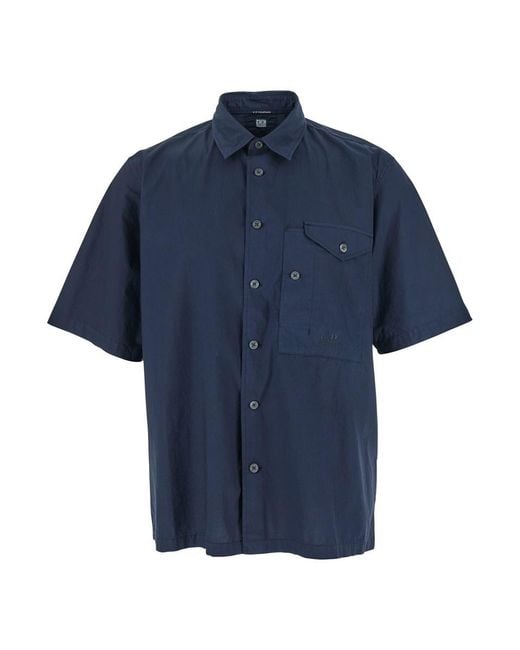 C P Company Blue Shirt With Classic Collar And Logo Lettering Embroidery On The Front for men