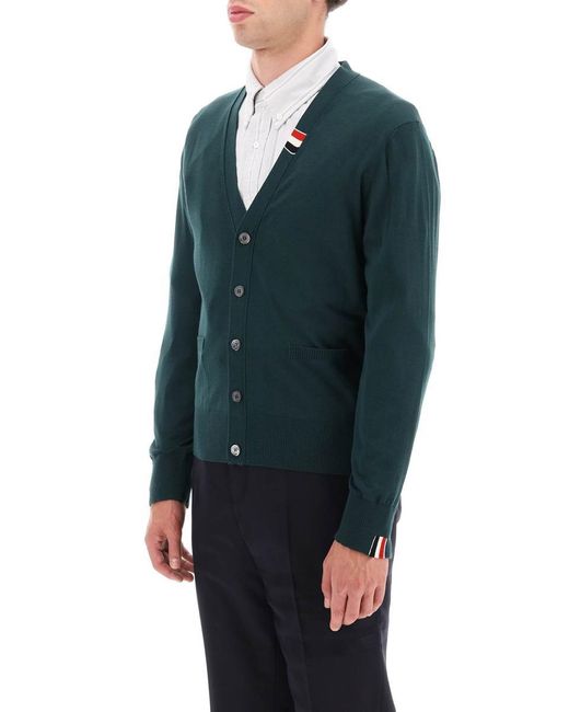 Thom Browne Green Merino Wool V Neck Cardigan for men