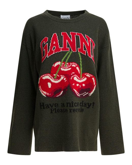 Ganni Gray Wool-Blend Crew-Neck Sweater