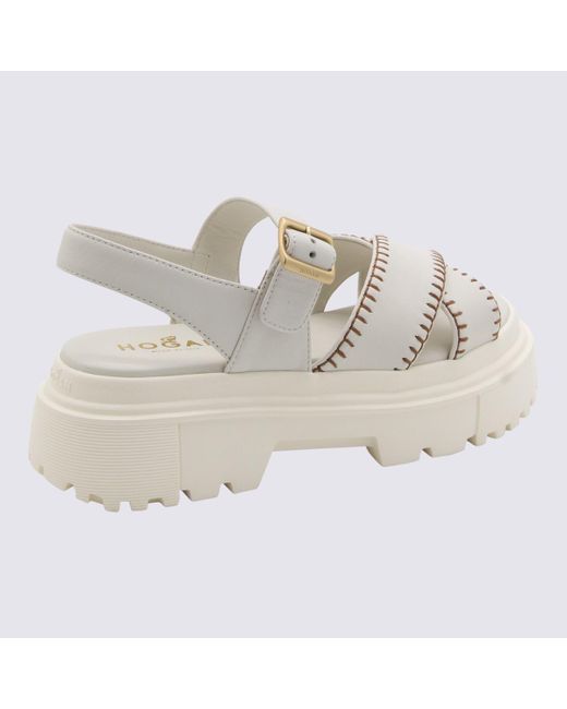 Hogan White And Brown Leather Sandals