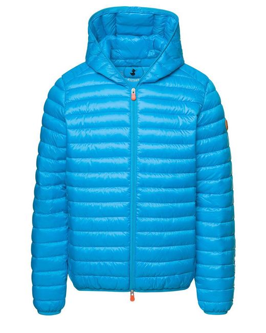 Save The Duck Blue Hooded Puffer Jacket With Zip Fastening And Logo In Polyester for men