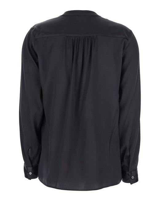 Plain Black Blouse With V Neck And Buttoned Cuffs