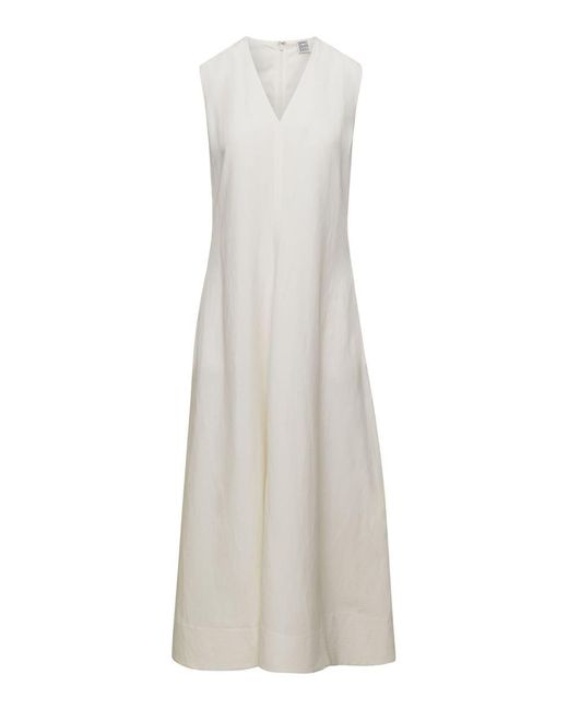Totême  White V-Neck Flared Dress