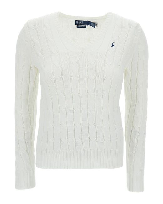 Polo Ralph Lauren 'kimberly' White Cable-knit Pullover With Pony Embroidery In Cotton Woman