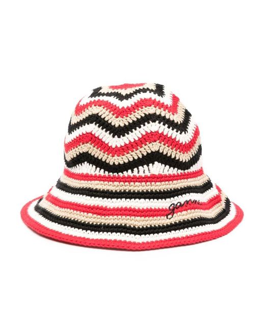 Ganni Red Organic Cotton Crochet Bucket Hat