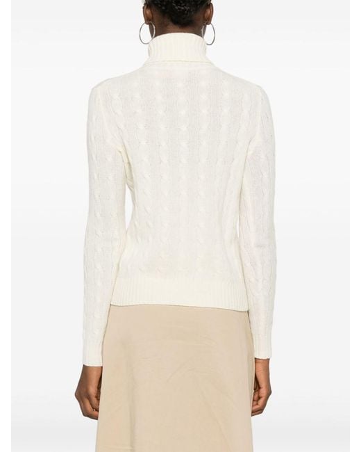 Polo Ralph Lauren White Cable-Knit Wool-Cashmere Blend Turtleneck Sweater