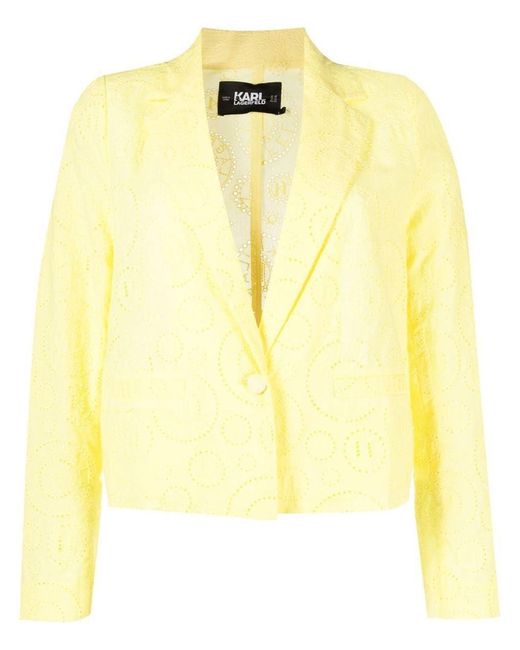 Karl Lagerfeld Yellow Broderie-anglaise Cropped Cotton Blazer