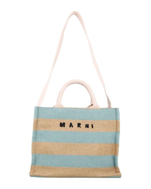 Marni Blue Raffia-Effect Small Tote Bag