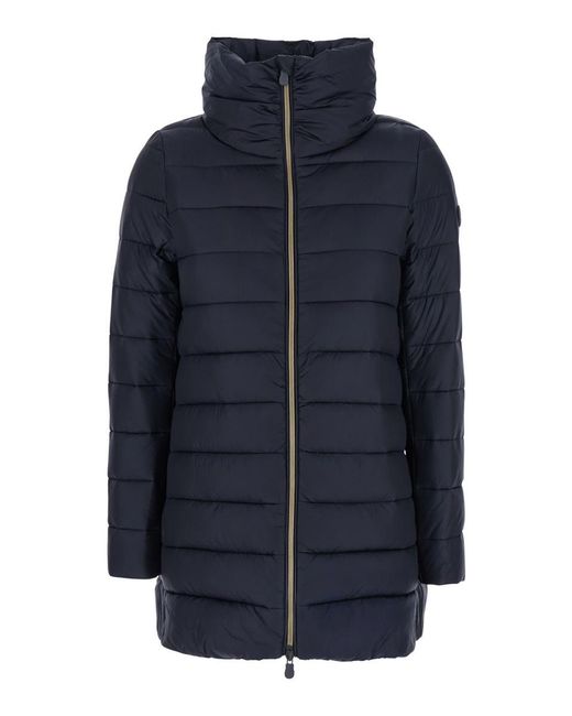 Save The Duck 'lydia' Blue Down Jacket With High Neck And Logo Patch On The Sleeve In Tech Fabric Woman