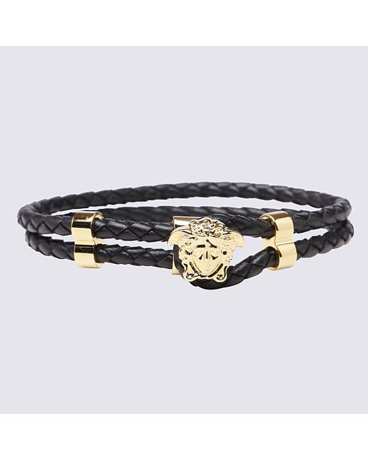 Versace Black Leather And Gold-tone Metal Medusa Bracelet for men