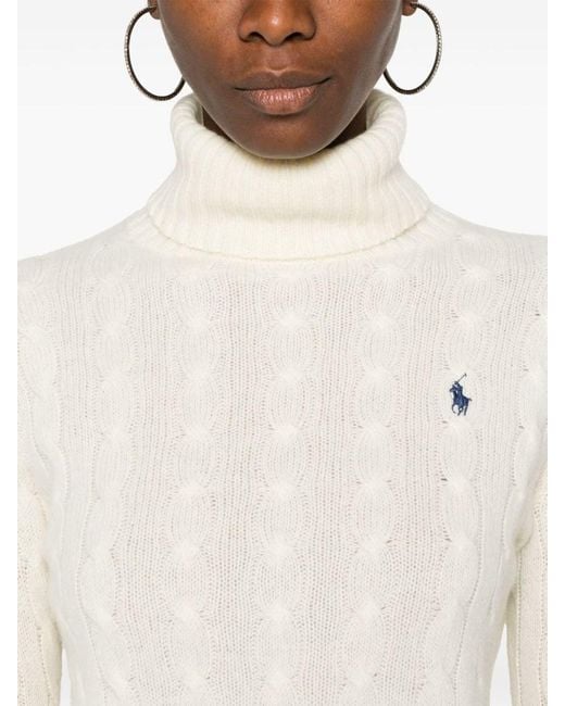 Polo Ralph Lauren White Cable-Knit Wool-Cashmere Blend Turtleneck Sweater