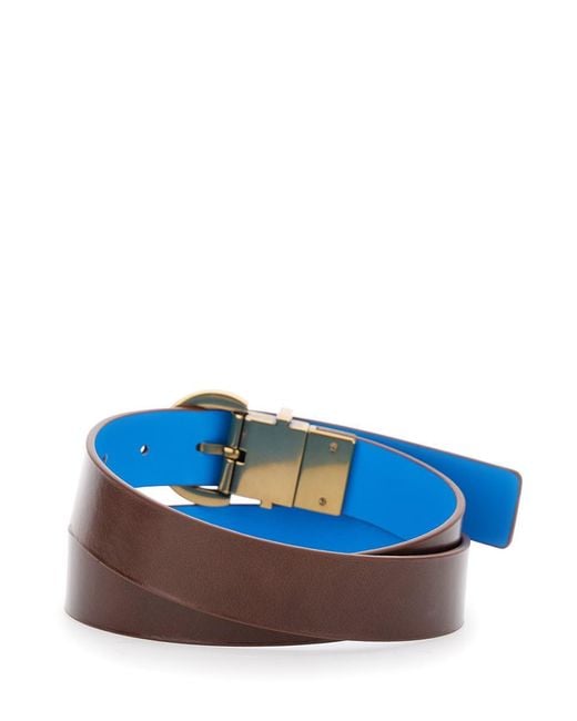 Pinko Brown Reversible Belt With Buckle Closure And Love Birds Diamond Cut Plaque On The Front