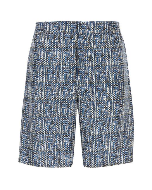 Fendi Blue Printed Silk Bermuda Shorts for men