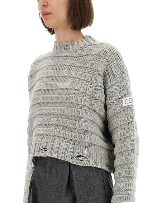 MM6 by Maison Margiela Gray Cropped Textured Knit Pullover With Distressed Hem