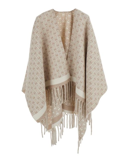 Ferragamo Natural Crewneck Cape With Fringed Hem And All-Over Gancini Embroidery