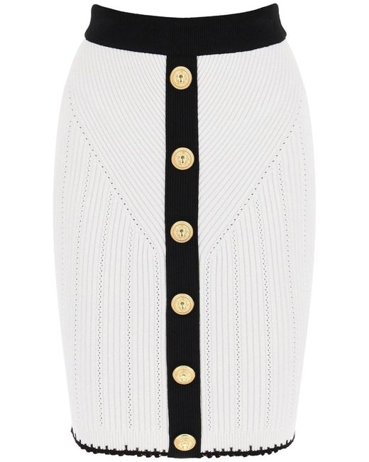 Balmain Black Bicolor Knit Midi Skirt With Embossed Buttons