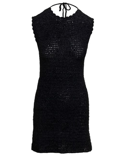 Ganni Black Mini Backless Dress With Logo Embroidery