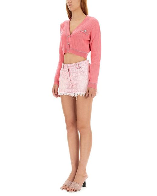 Versace Pink Monogram-jacquard Denim Miniskirt