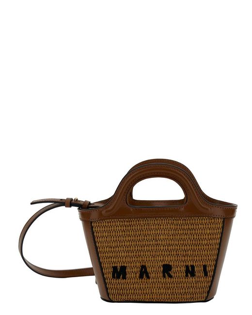 Marni 'tropicalia Micro' Brown Handbag With Logo Lettering Detail In Leather And Rafia Effect Fabric Woman