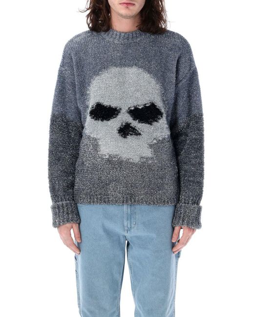 ERL Gray Glitter Skull Intarsia Sweater