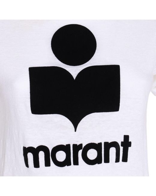 Isabel Marant White Crewneck T-shirt With Contrasting Logo Print In Linen Woman