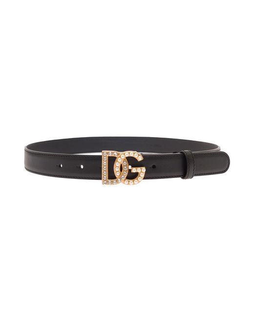 Dolce & Gabbana Black Belt With Dg Logo Buckle With Pearls And Rhinestones