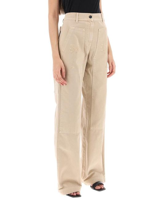 Palm Angels Natural 'gd Bull' Cargo Pants With Embroidered Palm Trees