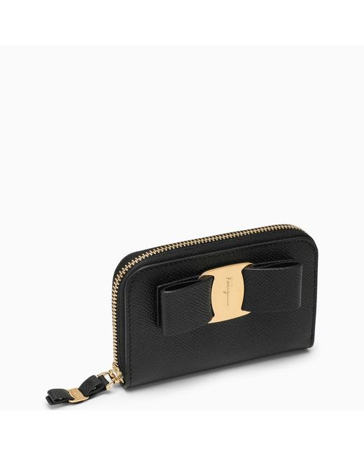 Ferragamo Vara Black Leather Zip Around Wallet With Bow