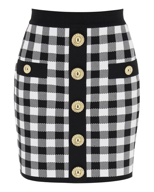 Balmain Black Gingham Knit Mini Skirt With Embossed Buttons