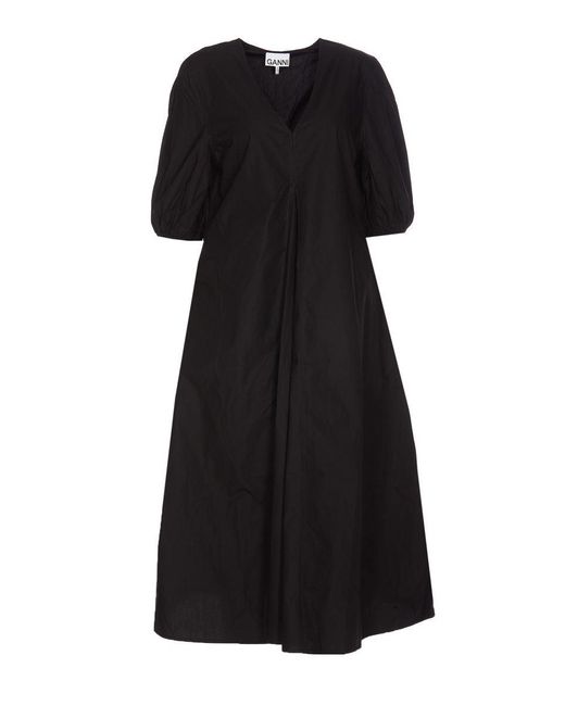 Ganni Black Cotton Midi Dress Dresses