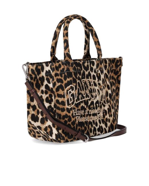 Ganni Black Leopard Print Small Shopping Bag