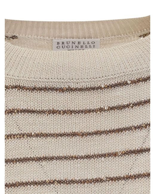 Brunello Cucinelli White Dazzling Stripes Cotton Sweater
