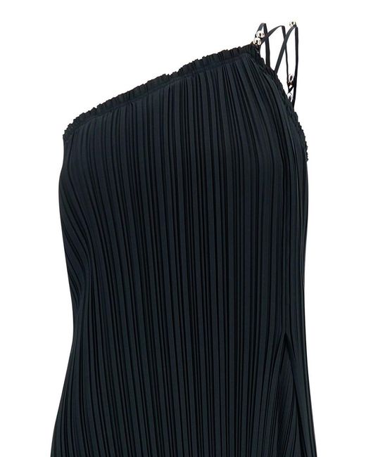 Lanvin Black Maxi One-Shoulder Pleated Dress With Beads