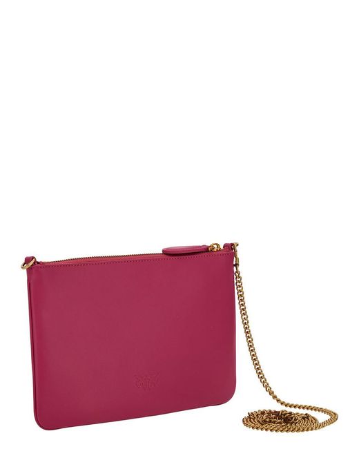 Pinko Purple 'flat Love Bag' Dark Pink Shoulder Bag With Logo Patch In Smooth Leather Woman