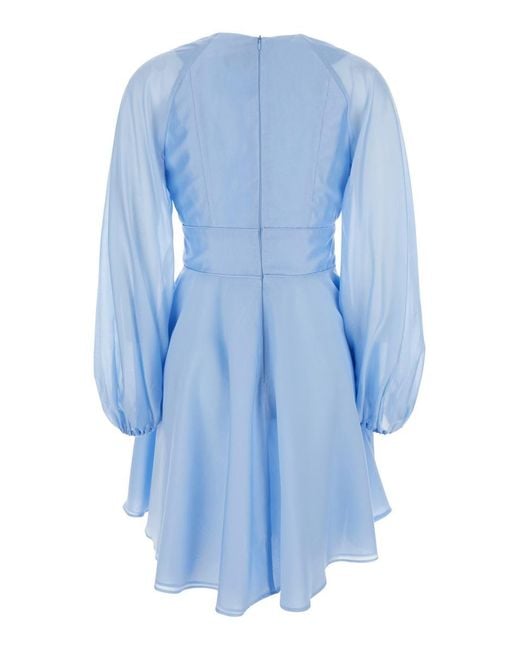 Plain Blue Light Dress With V-Neck And Flared Skirt