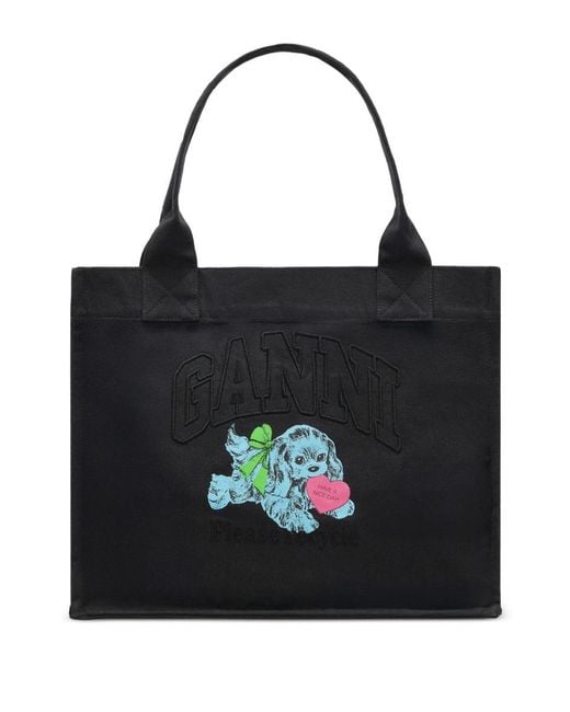Ganni Black Recycled Cotton Large Tote Bag