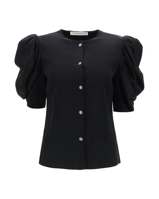 Alessandra Rich Black Envers Satin Blouse With Bouffant Sleeves