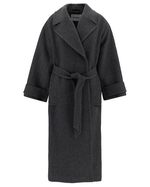 IVY & OAK Black 'claudia' Oversized Grey Coat With Matching Belt In Wool Blend Woman