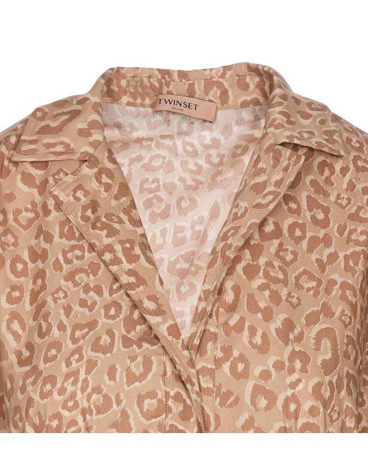 Twin Set Natural Cotton Midi Chemisier Dress With Leopard Print