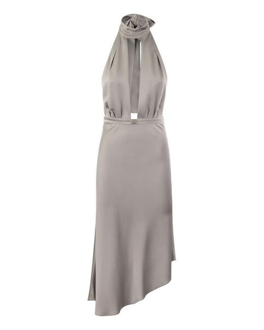 Elisabetta Franchi Gray Satin Midi Dress With Asymmetric Skirt