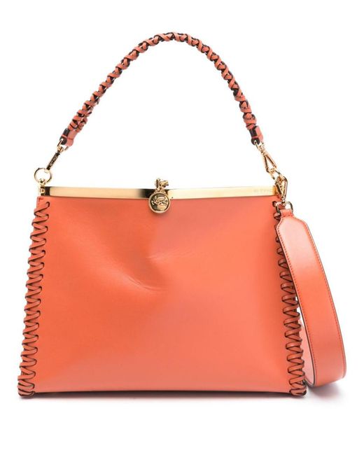 Etro Orange Large 'Vela' Leather Bag With Threading
