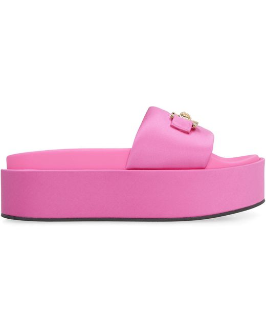 Versace Pink Logoed Satin Platform Slides